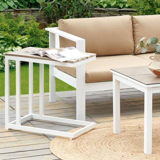Wyld and Coco Garden Side Table Light Plastic Wood Top White Powder Coat Aluminium in Brown - image 1