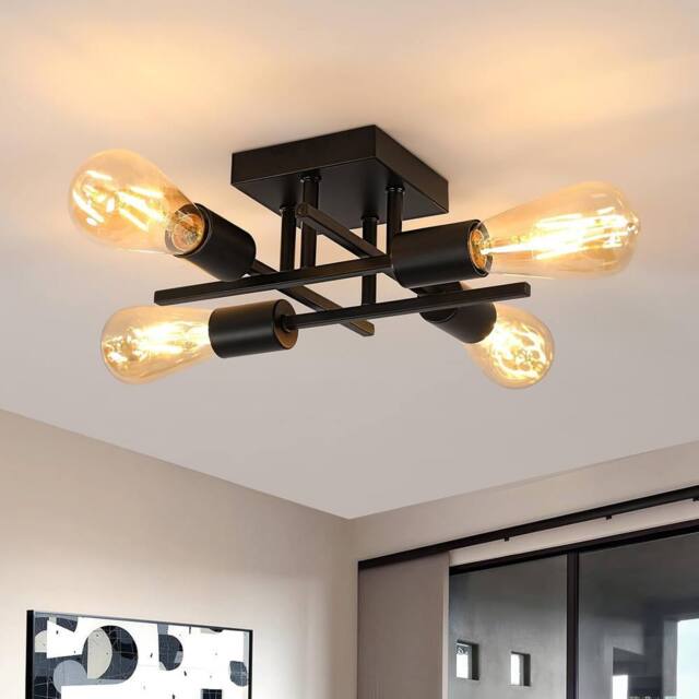 COMELY Industrial Semi Flush Ceiling Lights, 4-Light Rustic Sputnik Chandelier in Black