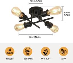COMELY Industrial Semi Flush Ceiling Lights, 4-Light Rustic Sputnik Chandelier in Black - thumbnail 7