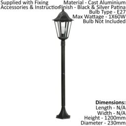 Loops 2 PACK IP44 Outdoor Bollard Light Black & Silver Lantern 1200mm Post 60W E27 - thumbnail 2