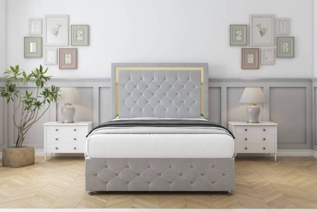 "Comfort Beds Sofia Gold Plush Divan Base No Drawers - 26"" Headboard-Footboard in Silver - Size: Small Double" - image 1