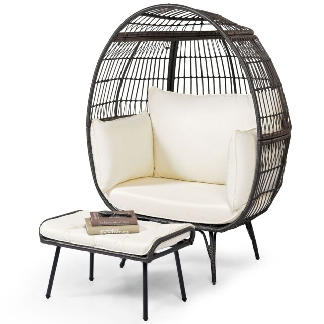 Gymax Oversized Egg Chair With Ottoman Indoor Outdoor Sofa Set With Cushions in White - image 1