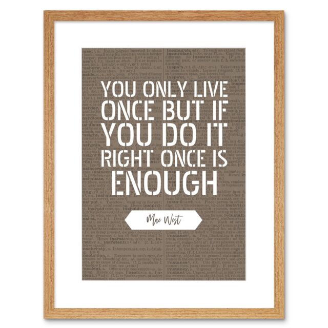"Artery8 Wall Art Print Dictionary Page Quote Mae West Only Live Once Artwork Framed 9X7 Inch in Beige - Size: W7"" x H9""" - image 1