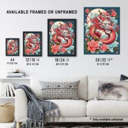 Artery8 Wall Art Print Fantasy Dragon Floral Red Blue Roses 2024 China Year Of The Dragon Art Framed - Size: A4 - thumbnail 3