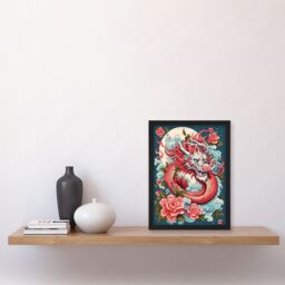 Artery8 Wall Art Print Fantasy Dragon Floral Red Blue Roses 2024 China Year Of The Dragon Art Framed - Size: A4 - thumbnail 4