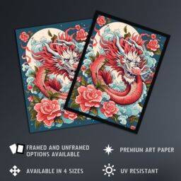 Artery8 Wall Art Print Fantasy Dragon Floral Red Blue Roses 2024 China Year Of The Dragon Art Framed - Size: A4 - thumbnail 2