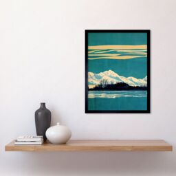 "Artery8 Wall Art Print Winter Lakeside Landscape With Snowy Mountains Duotone Teal Art Framed in Black - Size: W12"" x H16""" - thumbnail 2