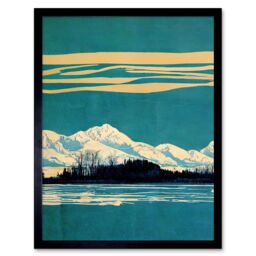 "Artery8 Wall Art Print Winter Lakeside Landscape With Snowy Mountains Duotone Teal Art Framed in Black - Size: W12"" x H16""" - thumbnail 1
