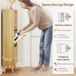 HOMCOM Narrow Shoe Cabinet, Shoe Storage Cabinet with 3 Flip Drawers, Oak in Natural - thumbnail 4