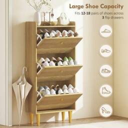 HOMCOM Narrow Shoe Cabinet, Shoe Storage Cabinet with 3 Flip Drawers, Oak in Natural - thumbnail 6