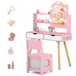 Gymax Pretend Play Dressing Table Set With 3-Colour Lights Mirror Cabinet in Pink - thumbnail 2