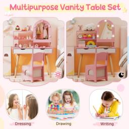 Gymax Pretend Play Dressing Table Set With 3-Colour Lights Mirror Cabinet in Pink - thumbnail 8