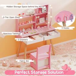 Gymax Pretend Play Dressing Table Set With 3-Colour Lights Mirror Cabinet in Pink - thumbnail 9