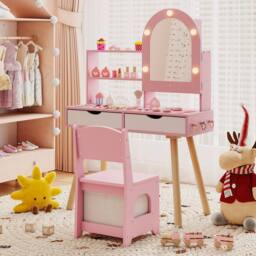 Gymax Pretend Play Dressing Table Set With 3-Colour Lights Mirror Cabinet in Pink - thumbnail 3