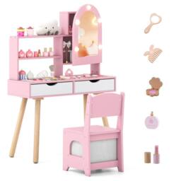 Gymax Pretend Play Dressing Table Set With 3-Colour Lights Mirror Cabinet in Pink