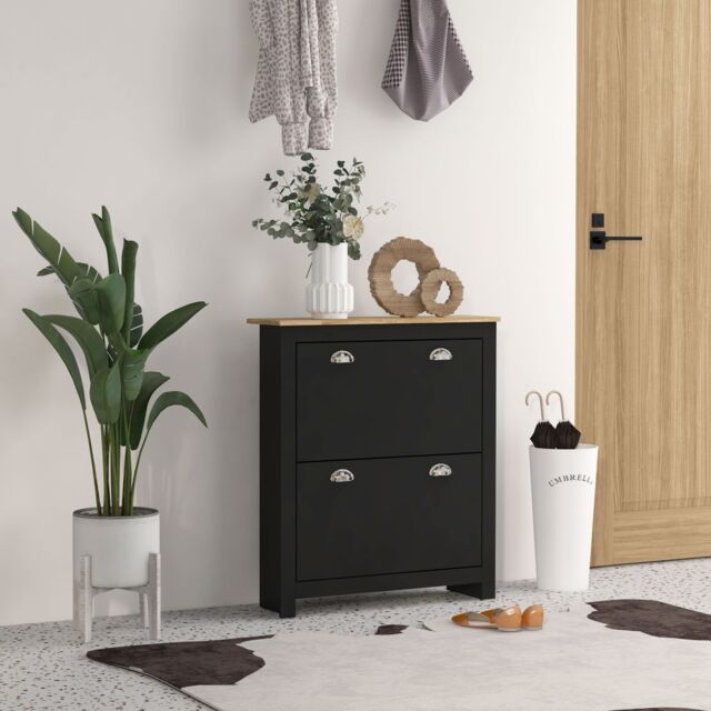 HOMCOM 2 Drawer Shoe Cabinet Narrow Shoe Cupboard with Flip Doors, Black - image 1