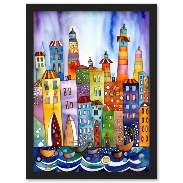 Artery8 Canal Area Folk Art Watercolour Painting Artwork Framed Wall Art Print A4 in Black - image 1