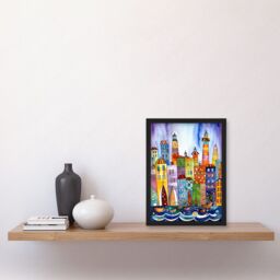 Artery8 Canal Area Folk Art Watercolour Painting Artwork Framed Wall Art Print A4 in Black - thumbnail 2