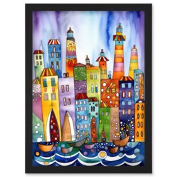 Artery8 Canal Area Folk Art Watercolour Painting Artwork Framed Wall Art Print A4 in Black - thumbnail 1