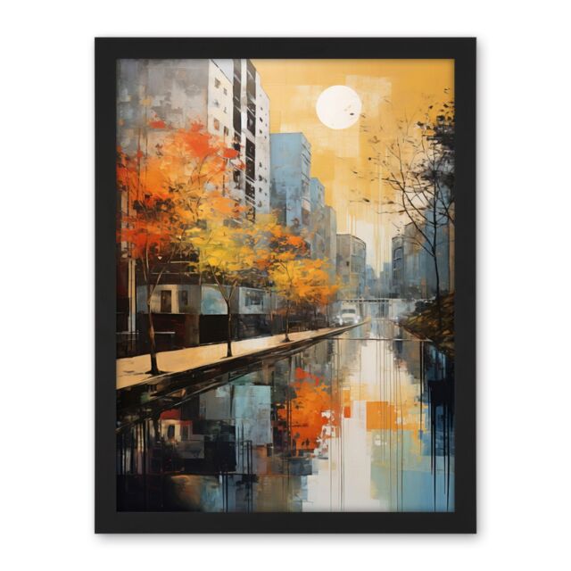 "Artery8 Wall Art Print Cityscape River Canal Oil Painting Blue Orange Trees Autumn in the City Large Framed Wall Décor Art - Size: W18"" x H24""" - image 1
