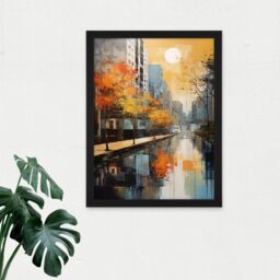 "Artery8 Wall Art Print Cityscape River Canal Oil Painting Blue Orange Trees Autumn in the City Large Framed Wall Décor Art - Size: W18"" x H24""" - thumbnail 2