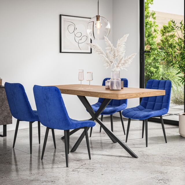 More4Homes Donni Dining Table & Chairs - Oak Effect Table Top w Black Legs + Nova Velvet Dining Chair Set Of 6 in Blue - image 1