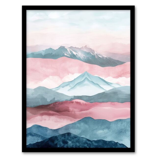 Artery8 Mountain Range Morning Fog Pink Blue Watercolour Framed Art Print - Size: A4 - image 1