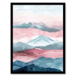 Artery8 Mountain Range Morning Fog Pink Blue Watercolour Framed Art Print - Size: A4 - thumbnail 1