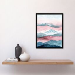 Artery8 Mountain Range Morning Fog Pink Blue Watercolour Framed Art Print - Size: A4 - thumbnail 4