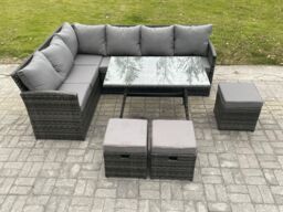 Fimous Wicker Rattan Garden Furniture Corner Sofa Set with Oblong Dining Table 3 Small Footstools 9 Seater in Dark Grey - thumbnail 2