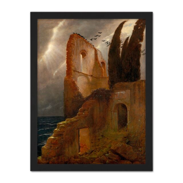 "Artery8 Wall Art Print Bocklin Ruin By The Sea Large Framed Wall Décor Art in White - Size: W18"" x H24""" - image 1