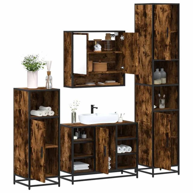 Berkfield Home 4¬†Piece Bathroom Furniture Set¬†Smoked Oak Engineered Wood in Brown - image 1