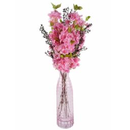 Leaf 100cm Pink Artificial Blossom & Berries Glass Vase in Dark Pink