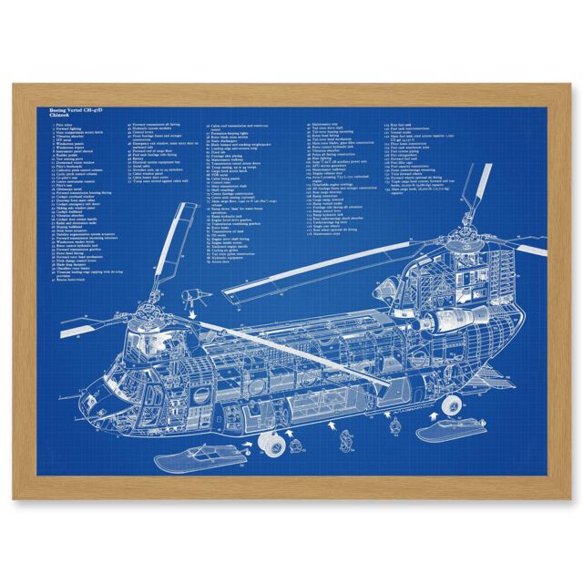 Artery8 Chinook Helicopter CH-47D Military Transport Blueprint Plan Artwork Framed Wall Art Print A4 in Light Oak - image 1