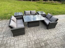 Fimous 6 pieces Outdoor Lounge Sofa Set Wicker PE Rattan Garden Furniture Set with Rising Lifting Table Double Seat Sofa 2 Side Tables in Dark Grey - thumbnail 2
