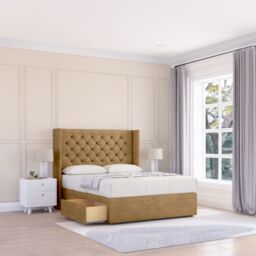 "Sloomy Dior Plush Wingback Bed Set, 2 Drawers & 54"" Floor Standing Headboard in Light Brown - Size: Super King" - thumbnail 1