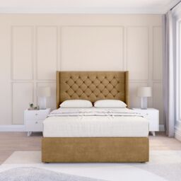 "Sloomy Dior Plush Wingback Bed Set, 2 Drawers & 54"" Floor Standing Headboard in Light Brown - Size: Super King" - thumbnail 2