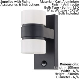Loops 2 PACK IP44 Outdoor Wall Light & PIR Sensor Anthracite Aluminium 6W LED - thumbnail 2
