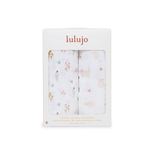 Lulujo 2-pack Cotton Swaddles - Kitty Cat / Flower Field