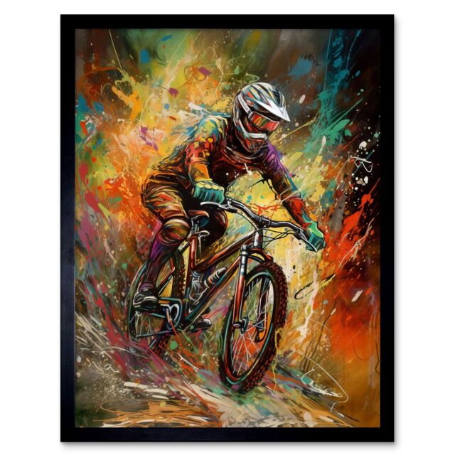 "Artery8 Wall Art Print Mountain Biker Paint Splat Portrait Action Shot Art Framed in Black - Size: W12"" x H16""" - image 1