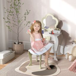 ZONEKIZ Kids Dressing Table with Mirror & Stool, Drawer, Storage Boxes - White - thumbnail 1