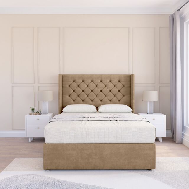 "Sloomy Dior Naples Wingback Bed Set, No Drawers & 54"" Floor Standing Headboard in Light Brown - Size: Small Single" - image 1