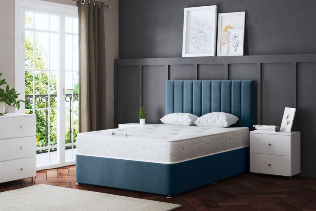 DS Living Amelia Upholstered Blue Panel Divan Bed with Headboard - Size: Small Double - image 1