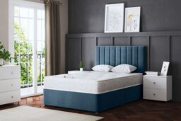 DS Living Amelia Upholstered Blue Panel Divan Bed with Headboard - Size: Small Double - thumbnail 1