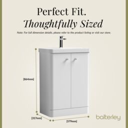 Balterley Modern Bathroom Floor Standing 2 Door Vanity Unit Basin, White, 605mm in White - thumbnail 5