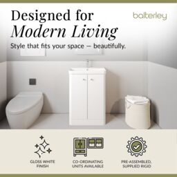 Balterley Modern Bathroom Floor Standing 2 Door Vanity Unit Basin, White, 605mm in White - thumbnail 3