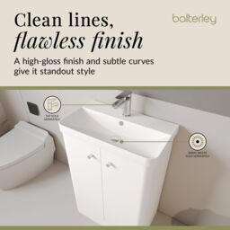 Balterley Modern Bathroom Floor Standing 2 Door Vanity Unit Basin, White, 605mm in White - thumbnail 7