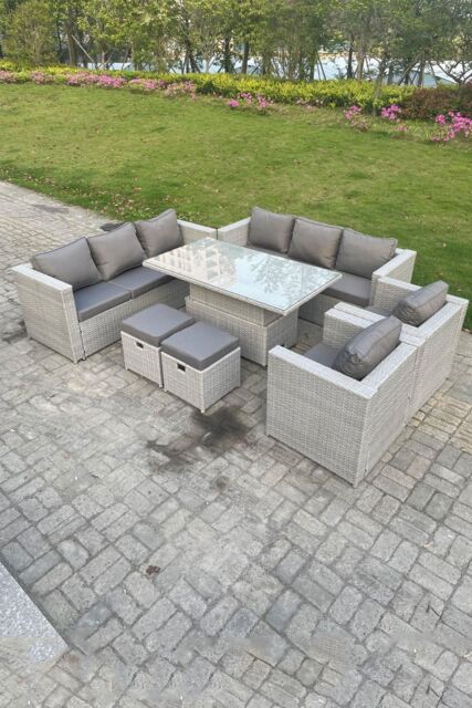 Fimous Rattan Garden Funiture Set Adjustable Rising Lifting Table Sofa Dining Set Lounge Sofa Arm Chair Stool in Light Grey - image 1