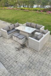 Fimous Rattan Garden Funiture Set Adjustable Rising Lifting Table Sofa Dining Set Lounge Sofa Arm Chair Stool in Light Grey - thumbnail 2
