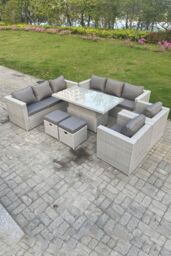 Fimous Rattan Garden Funiture Set Adjustable Rising Lifting Table Sofa Dining Set Lounge Sofa Arm Chair Stool in Light Grey - thumbnail 1